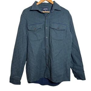 Lands’ End Fleece Lined Plaid Shirt Men’s M Green Blue Flannel Jacket